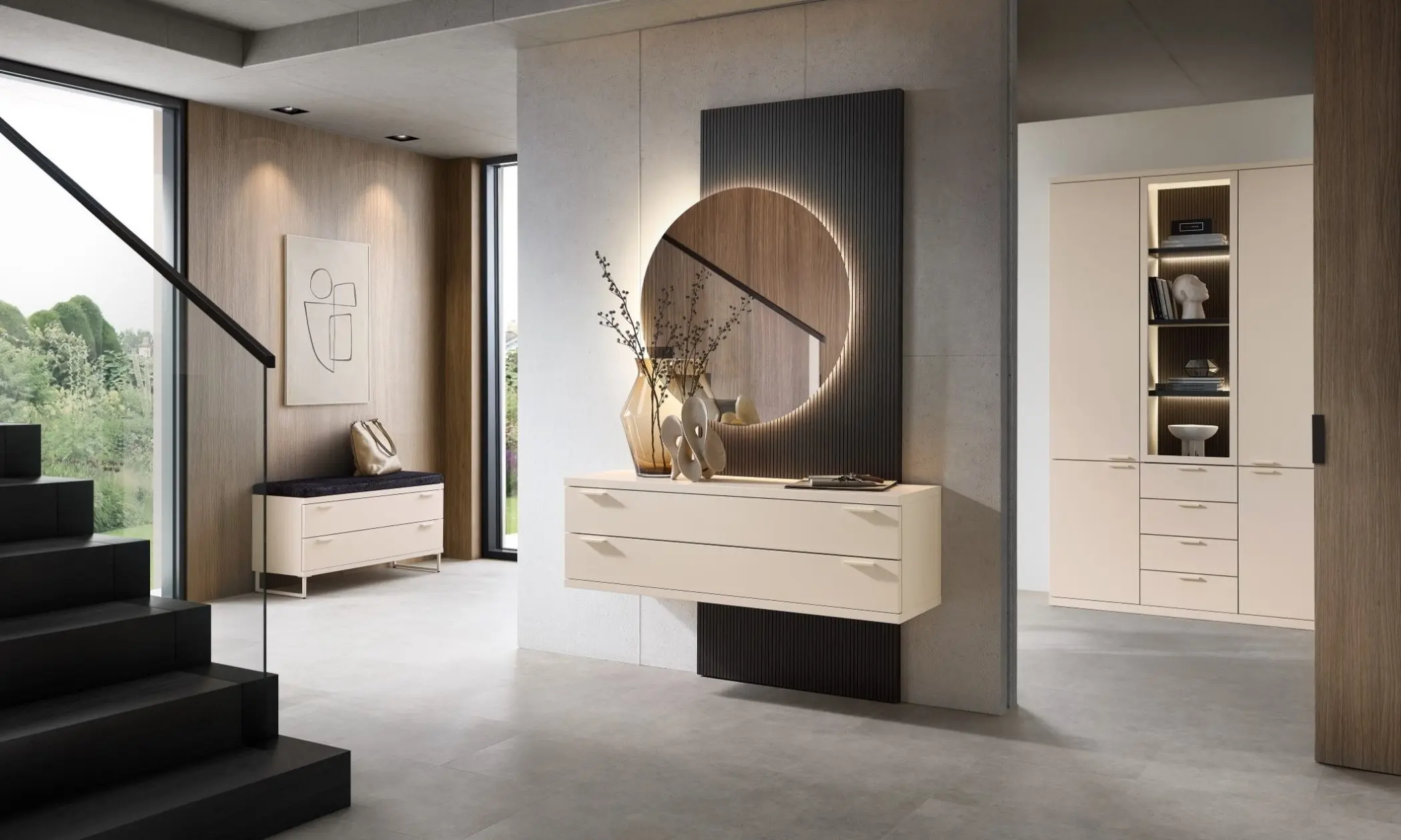 Sie sehen eine Garderoben mit Stauraum und Dekoelementen, Bank mit Sitzkissen und Stauraum für Schuhe